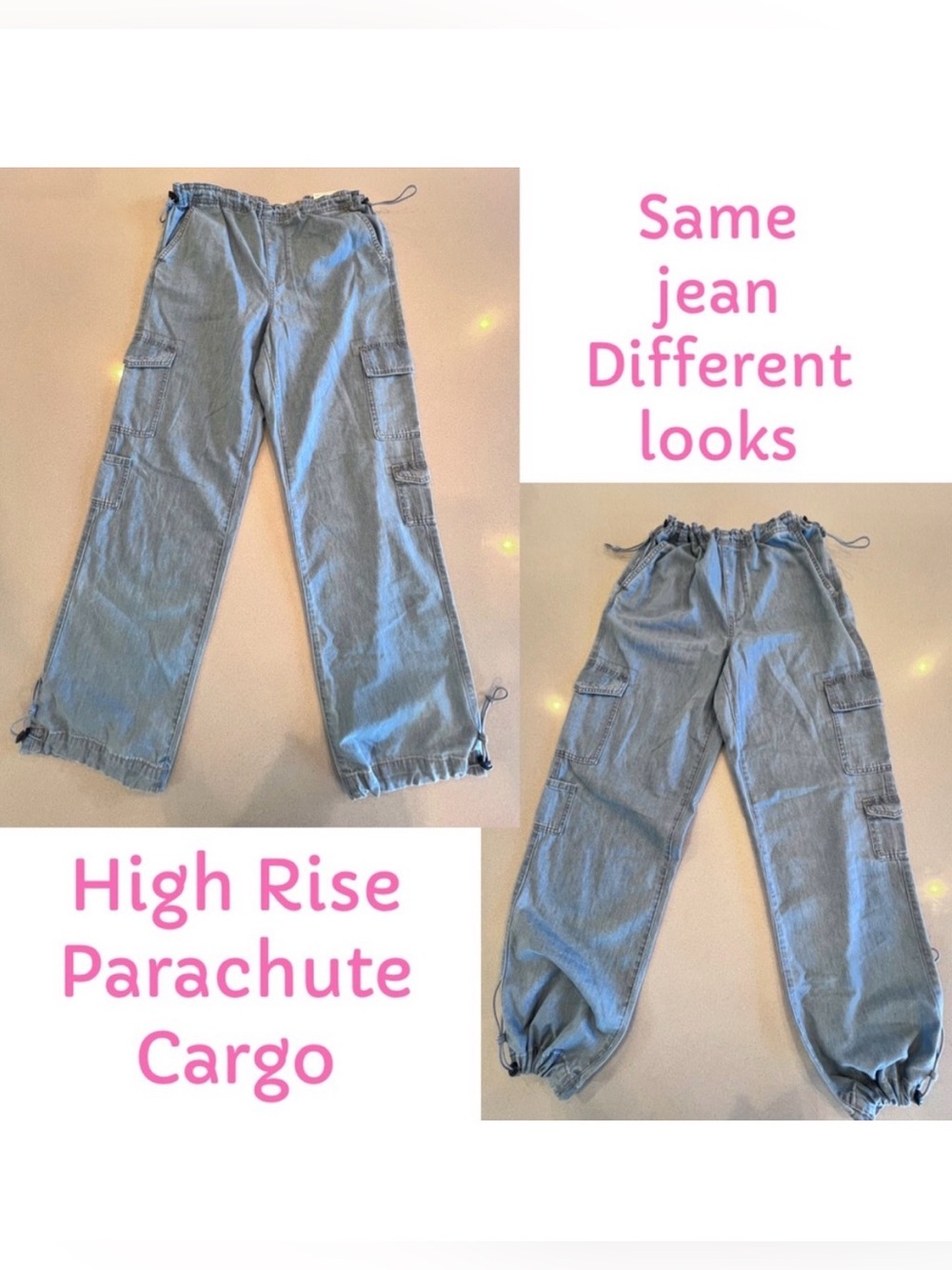 High Rise Parachute Cargo Pull on Jeans Pockets Toggle Cinch Size Small NWT